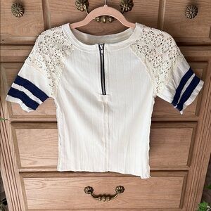 We the Free White and Navy Crochet Sleeve Top